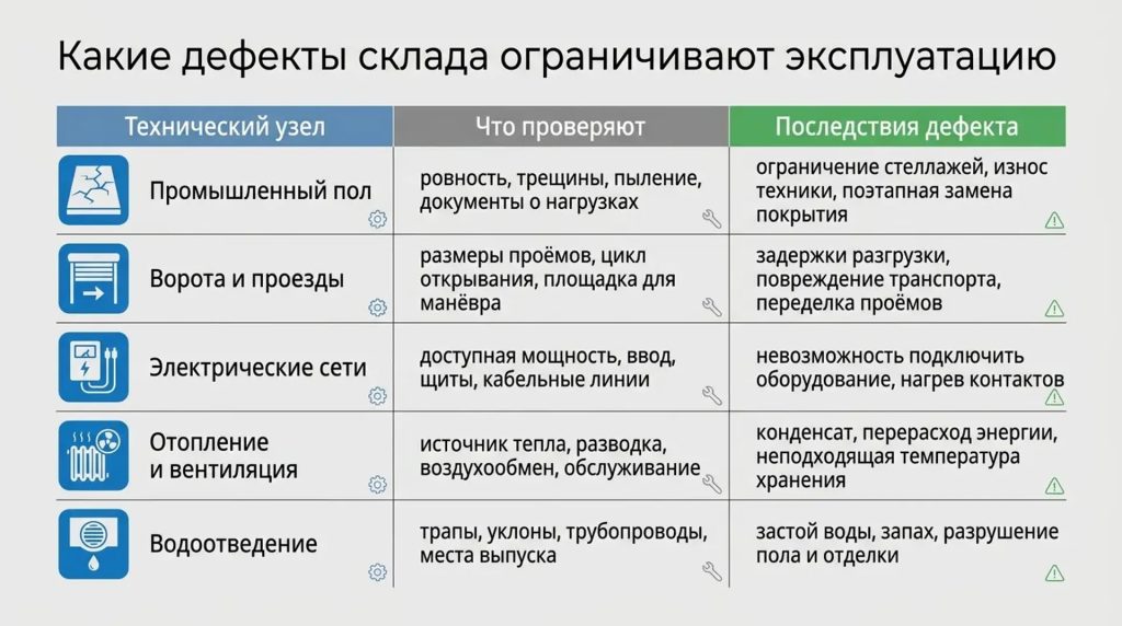Какие дефекты склада ограничивают эксплуатацию